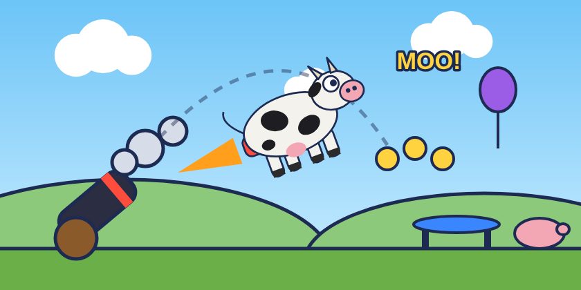 A cartoon cow with a rocket flies out of a cannon over a farm, past coins, a balloon, a trampoline and a pig